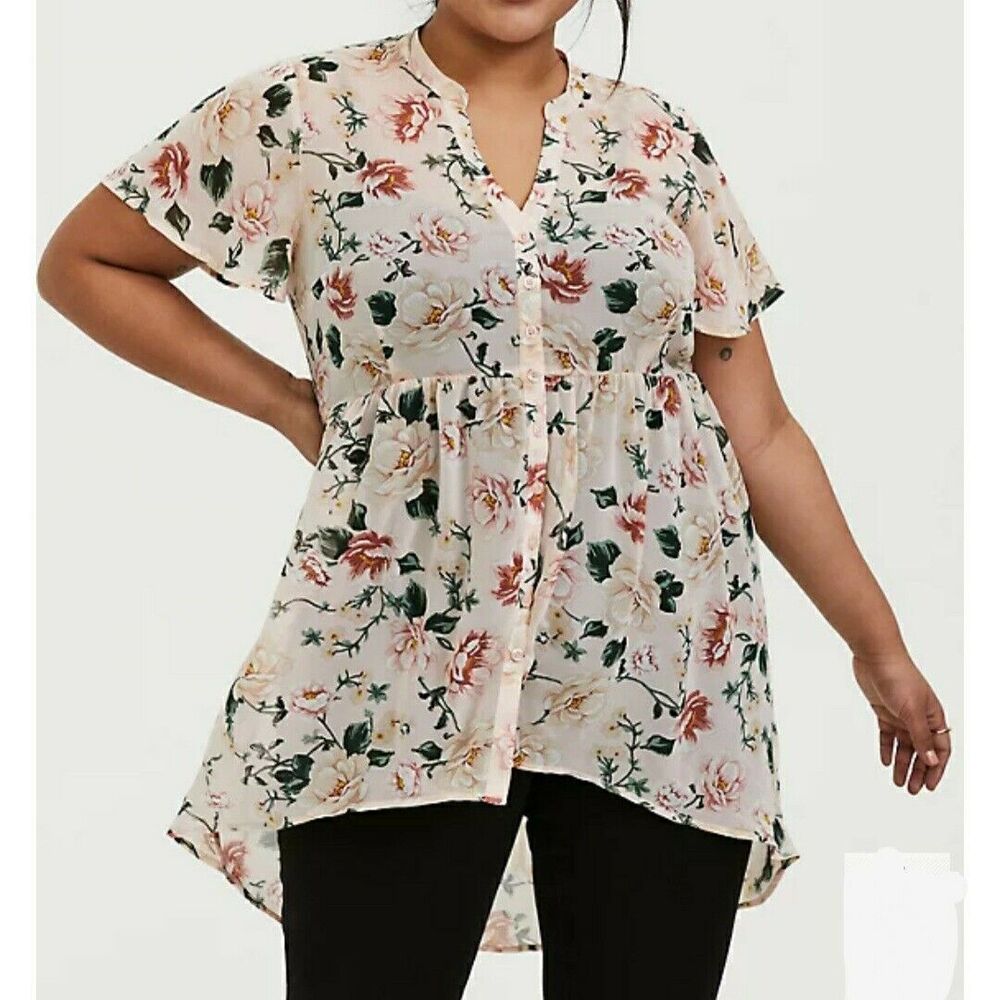 Torrid Womens Blouse Size 0 L 12 Tunic Pink Floral Lexie Babydoll